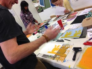 Lino printing in the Birklands Room