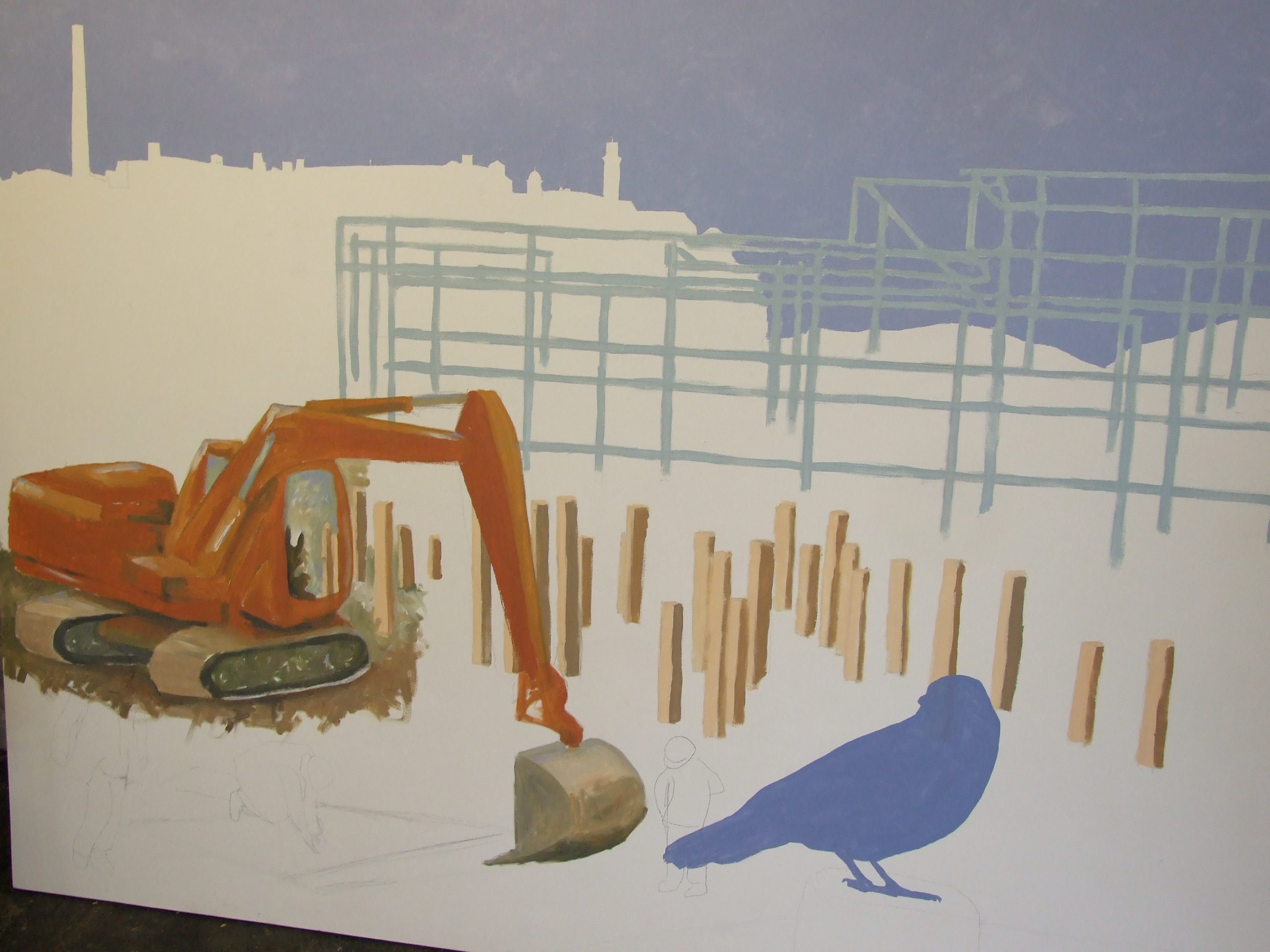 Part-finished painting of a digger