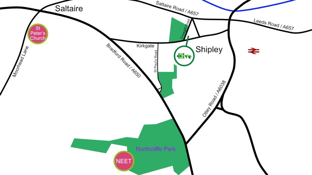 Map of Shipley showing location of Hive, St Peter's Church and NEET